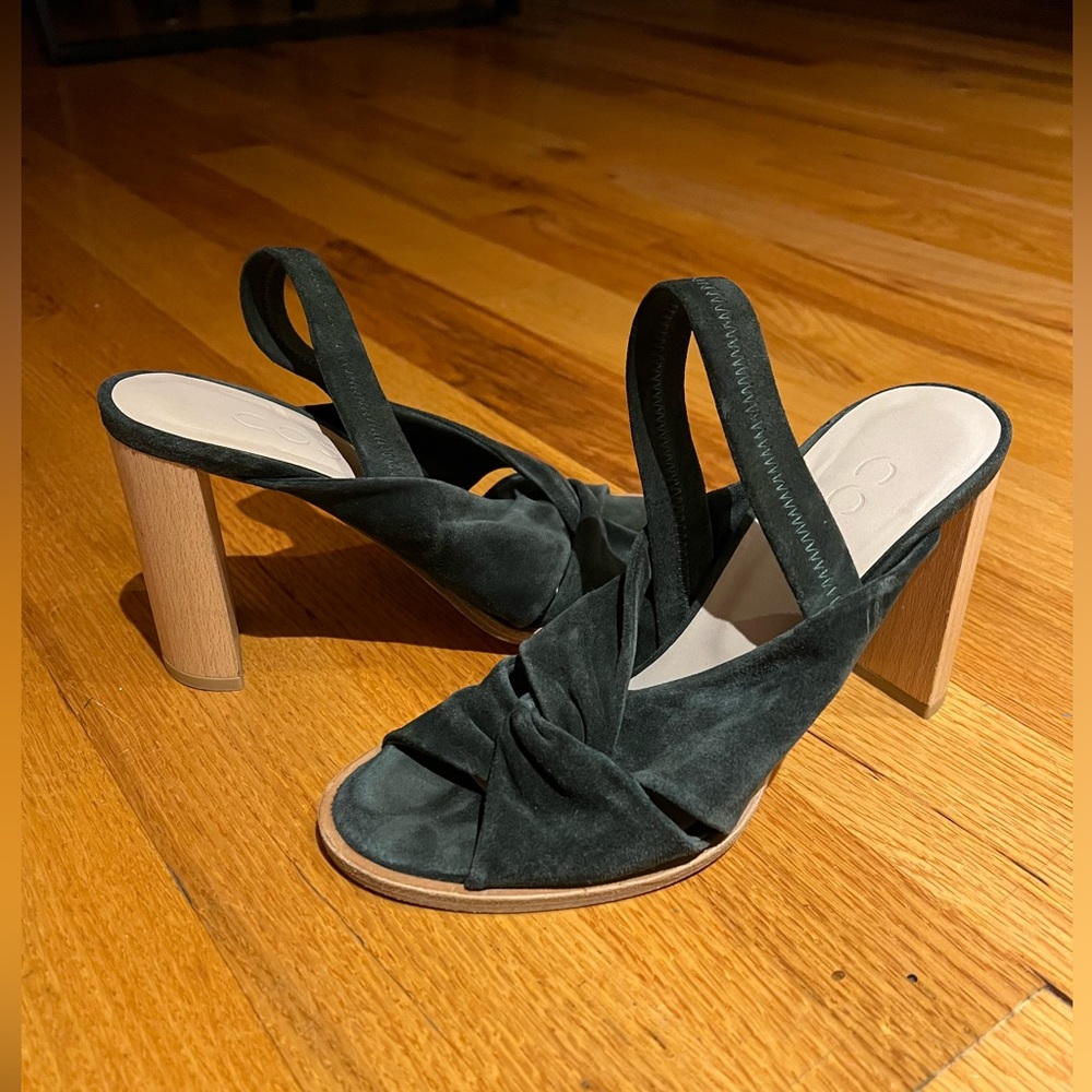 COS green suede with wooden platform heels